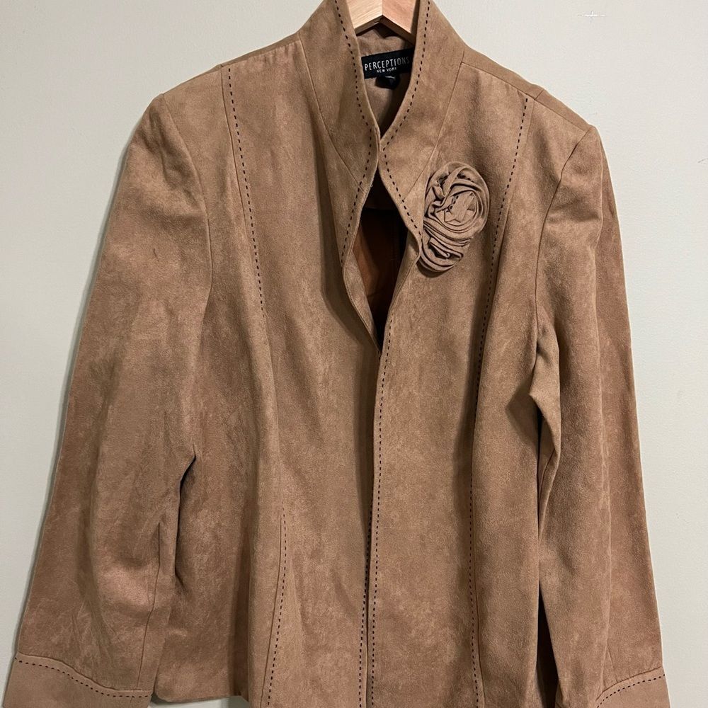 Perceptions New York Tan Poly Sueded Open Front Jacket Blazer Sz 18